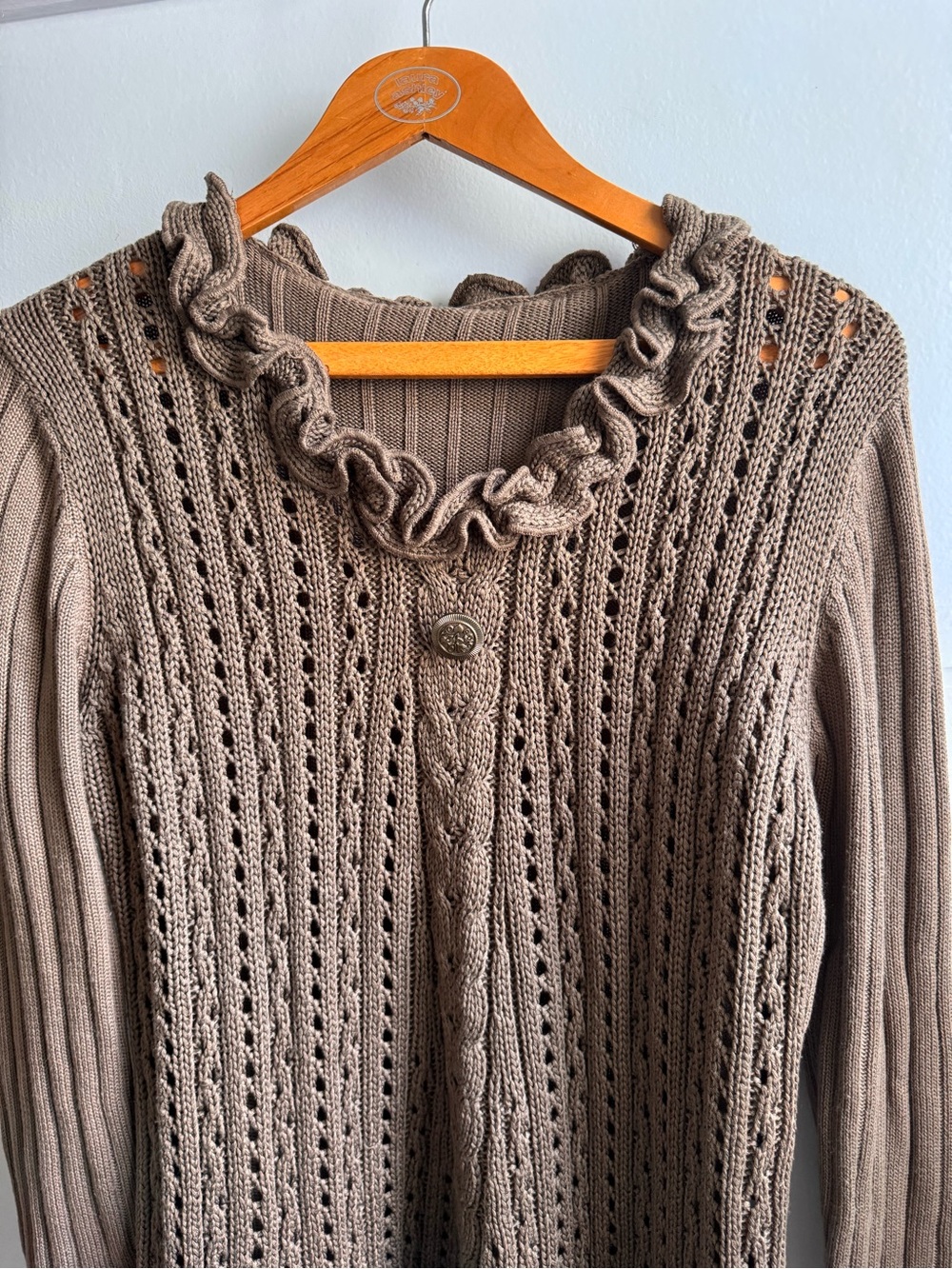 Vintage Ruffled Cable-Panel Knit 70% wool Cardigan Sweater S - Taupe